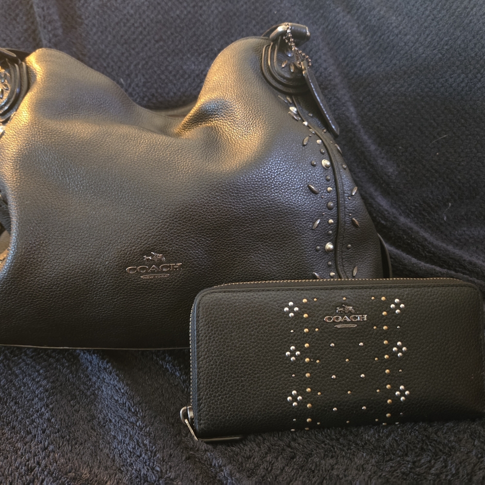 COACH Black Leather Studded Shoulder Bag & Wallet Set